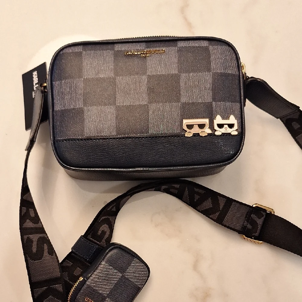 NWT Karl Lagerfeld Black and Gray Checkered Belt Bag